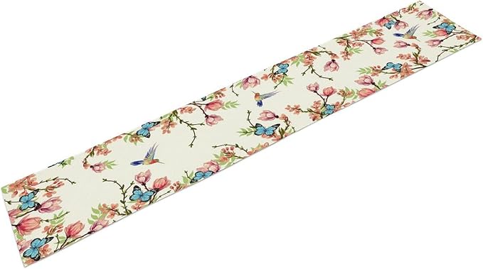 Spring Flower Table Runner, Seasonal Rustic Garden Flowers Bird Butterfly Print Table Runner for Home Kitchen Table Decor, 13x60inch