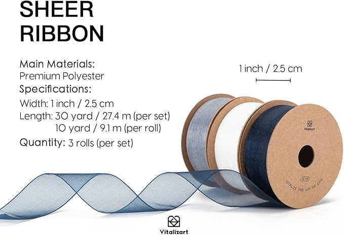 Vitalizart Blue & White Organza Sheer Ribbon 1 inch x 30 Yd Handmade Fabric Ribbons for Gift Wrapping Christmas Tree Crafts Bows Wedding Invitations Wreaths Wrap