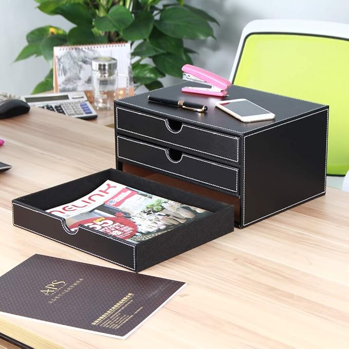 High-end PU Leather Desk Organizer File Cabinet Executive Office Supplies Desktop Filing A4 File Cabinet Stackable Storage Organizer Box with 3 Drawers (Black)…