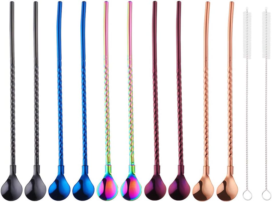 10 pcs Metal Straw Spoons with 2 Cleaning Brushes, Reusable Drinking Spoon Straws for Iced coffee, Iced tea, Milkshake, Cocktail