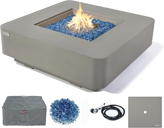 Elementi+ | Lucerne Gas Fire Pit Cast Concrete 42" Square Fire Table, Outdoor Fire Pit Electronic Ignition | Canvas Cover, Fire Glass and Burner Lid Included | Light Gray | Propane Gas