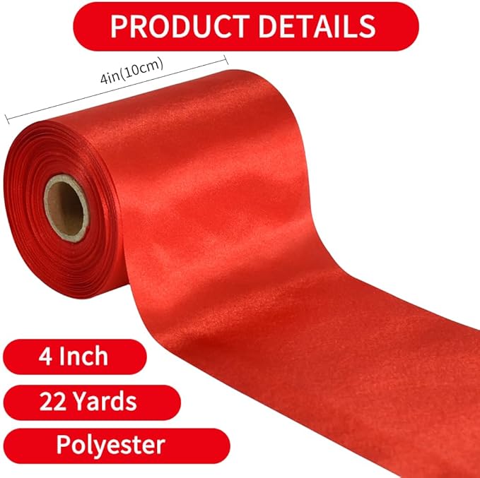 TONIFUL 4 Inch x 22Yards Wide Red Satin Ribbon Solid Fabric Large Ribbon for Cutting Ceremony Kit Grand Opening Chair Sash Table Hair Car Bows Sewing Craft Gift Wrapping Wedding Party Decoration