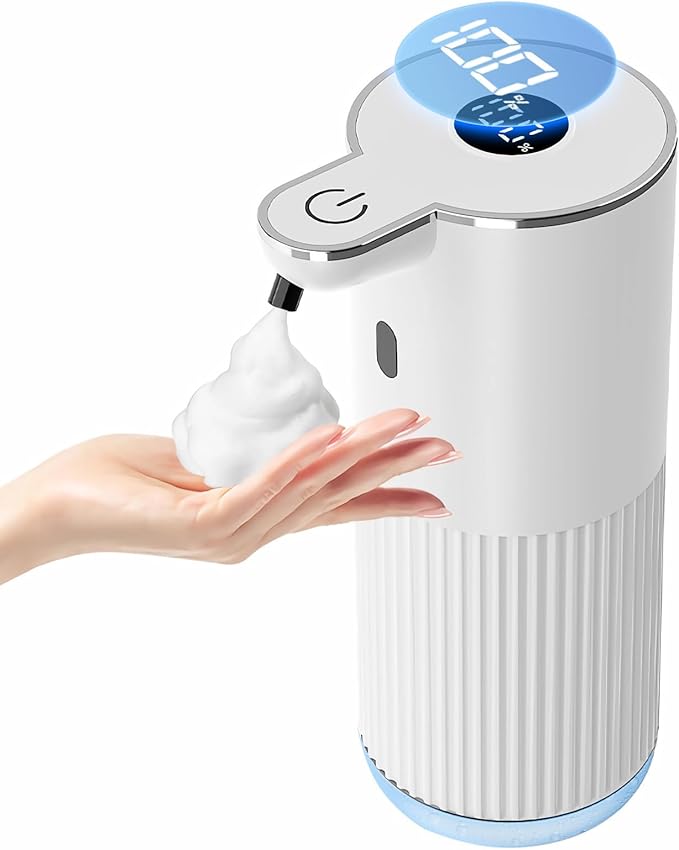 Automatic Soap Dispenser with LED (Battery% & Foam Level), 7000 Uses, 6 Foam Settings, Wall Mount/Countertop, USB-C Rechargeable, for Bathroom Kitchen, White