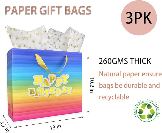 AMROSE 3 Pack Large 13’’ Birthday Gift Bags with Card and Tissue Paper, Recyclable Paper Gift Bag for Birthdays and More, Multicolors
