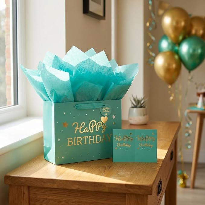DOUBLESHOOT Green Happy Birthday Gift Bag with Tissue Paper and Card, Medium Gift Bag 13 x 10.2 x 4.9 in, Gold Foil Heart Birthday Gift Bag Set with Handles, 4-Piece Gift Wrap Bag for Women and Girls