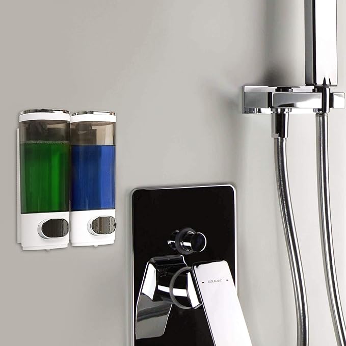 Wall Mounted Soap Dispenser Bathroom 2 Chambers, Shower 600ml Body Wash Soap Dispenser Set, Shampoo and Conditioner Dispenser Hand Pump for Toilet Bathroom Hotel Kitchen White