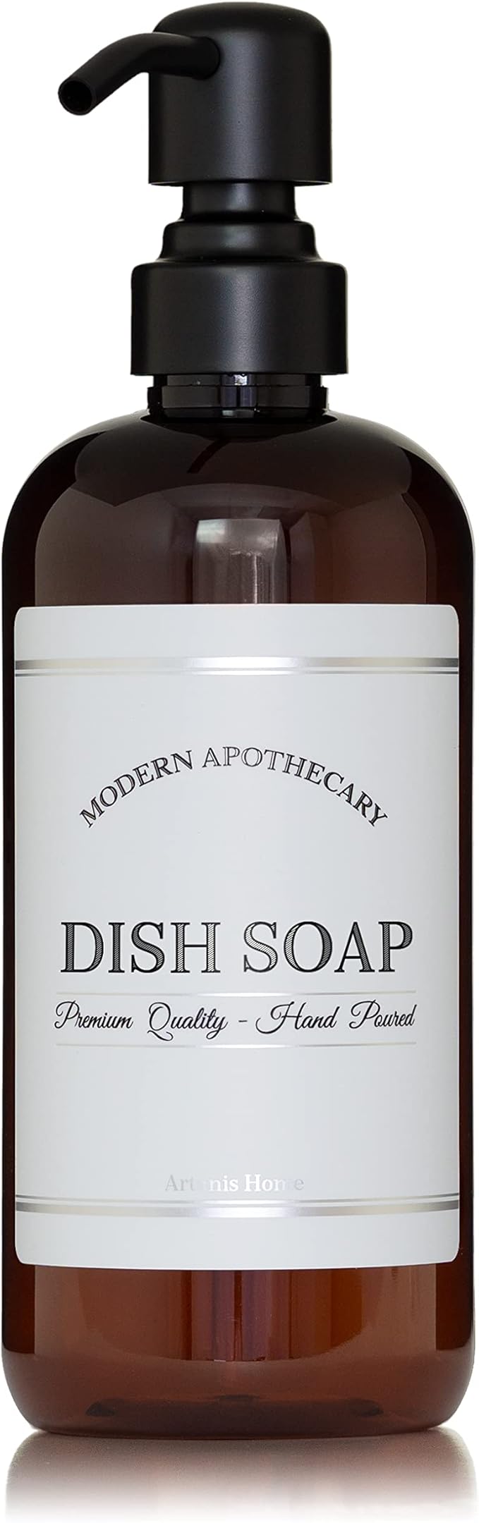 Amber PET Plastic Refillable Dish Soap Pump Bottle with 304 Grade Black Satin Stainless Steel Pump, 16 oz Kitchen Dispenser with Chrome Accent Waterproof Modern Apothecary Label, Reusable Container