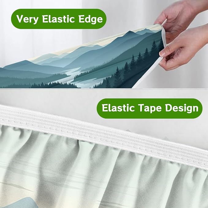 Mountain Landscape Picnic Table Cover with Bench Covers and Carrying Bag, Green Nature Forest Woodland Outdoor Camping Essentials 6FT 4PCS Fitted Rectangle RV Must Haves Tablecloth