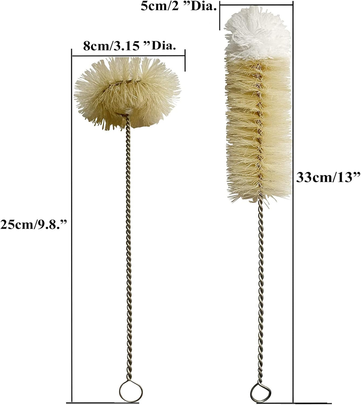 Coralpearl Bottle Brushes Thin Long Handle X 2, Skinny Wire Cleaner Set in Stainless Steel with Natural Boar Bristle at Wool Tip