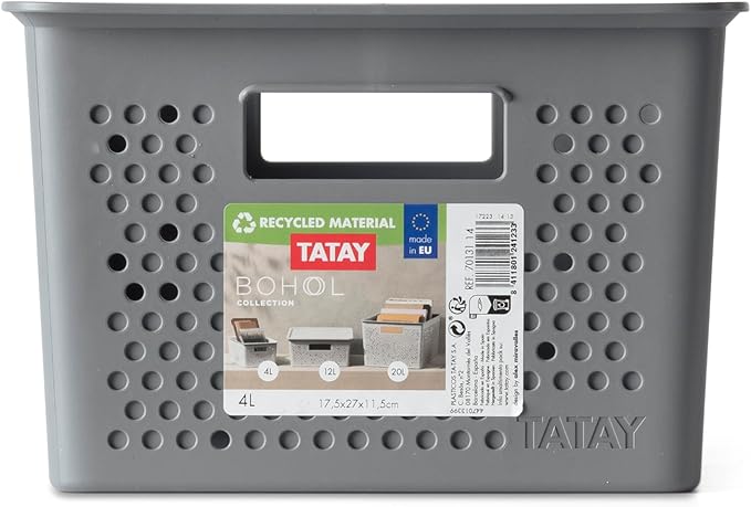 TATAY Rectangular Organiser Box 4L Bohol, Polypropylene, BPA Free, 100% Recycled Plastic. Anthracite Grey. Measures 17 x 27 x 11,5 cm