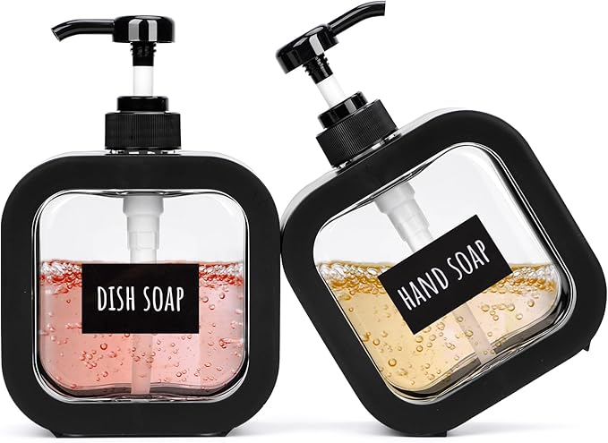 Segbeauty 2pcs 16.9oz Refillable Hand Soap Dispenser, 500ml Leak-Proof Liquid Soap Dispenser for Bathroom, Dish Soap Dispensers for Kitchen Sink, Black Empty Plastic Shampoo Pump Bottle with Labels