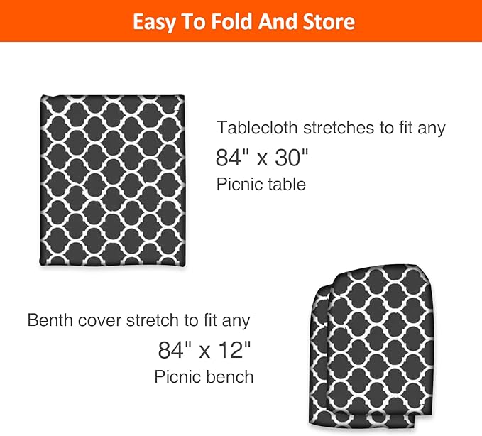 7ft Picnic Table and Bench Cover, Camping Essentials RV Gear, 84 in Waterproof Windproof Outdoor Elastic All Around Tablecloth, Fitted Rectangle Tables and Seats, Black-White Moroccan