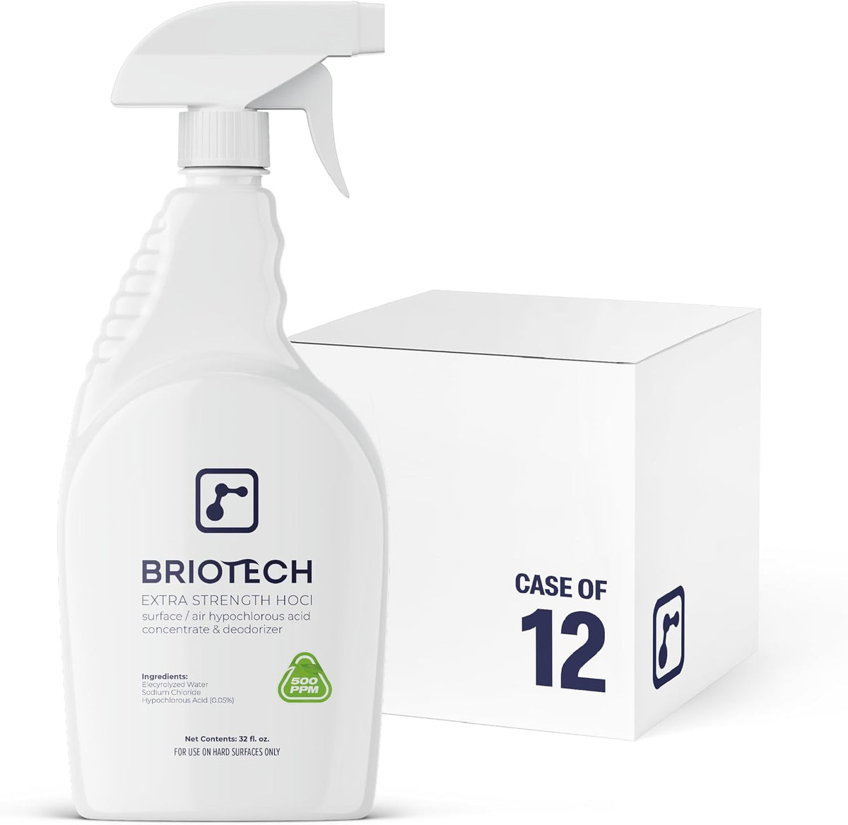 BRIOTECH Extra Strength HOCl Cleaner, 500 PPM Hypochlorous Acid Concentrate, ULV Foggers & Humidifiers, Professional Deodorizer for Dental, Offices, Schools, Homes, Peroxide Free, 32 fl oz (12 Pack)