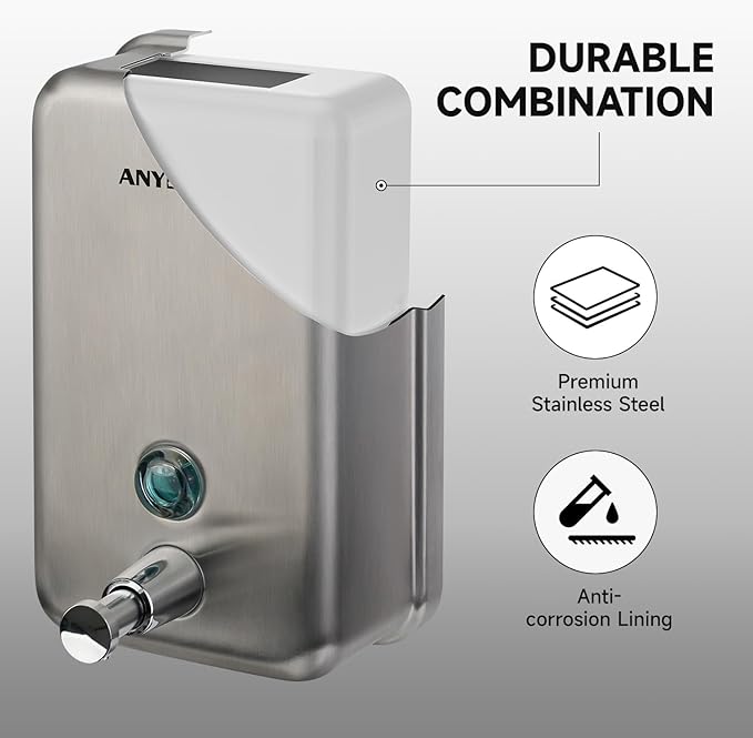 anydry Commercial Soap Dispenser Wall Mount, Brushed Stianless Steel Finish Manual Liquid Soap Dispenser - 37oz (1100ml) Model AD1003