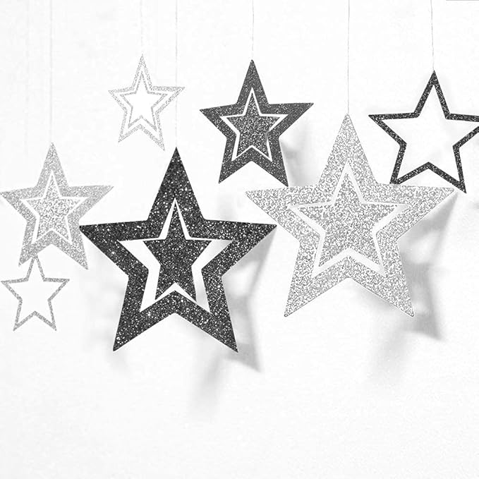 Cheerland Glitter Black Silver Party Decorations Star Garlands Starry Night Streamers Hanging Stars Birthday Twinkle Little Star Moon Decorations Graduation Halloween Wedding Bridal Ramadan NYE