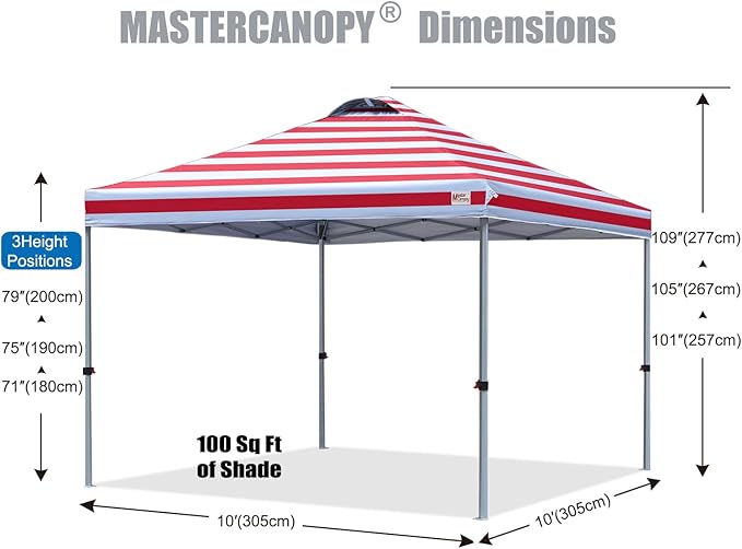 MASTERCANOPY Durable Pop-up Canopy Tent with Roller Bag (10x10, Red Stripe)