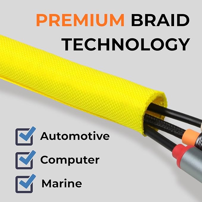 1 inch Split Braided Cable Management Sleeve for USB Cable Power Cord Audio Video Cable, Wire Loom Cord Protector from Cat Dog Chewing (Yellow, 25FT)