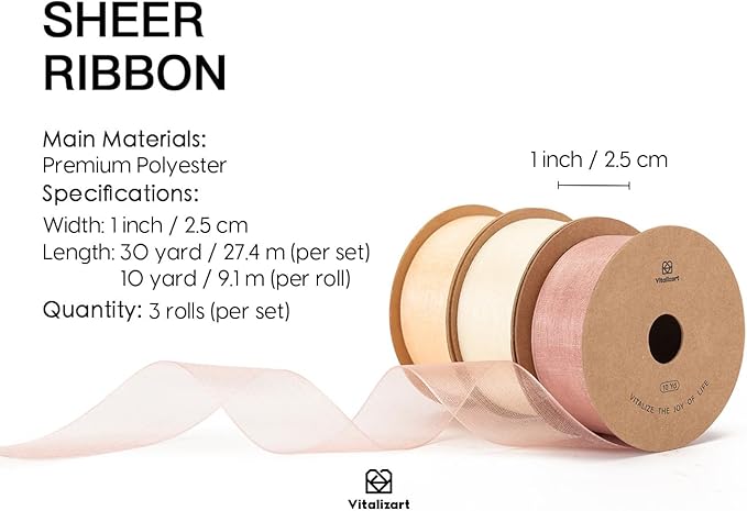 Vitalizart Cream & Rose Gold Organza Sheer Ribbon 1 inch x 30Yd Pink Ribbon Handmade Fabric Ribbons for Gift Wrapping Christmas Tree Crafts Bows Wedding Invitations Wreaths Wrap Peach