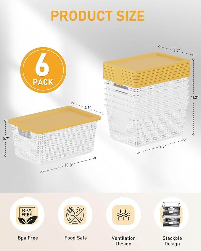 NUMIFUN Plastic Storage Bins with Latching Lids – Stackable Storage Baskets with Lids for Pantry, Closet, Bedroom & Shelves | Durable Organization Boxes for Home,Office & Classroom, 6 Pack, White