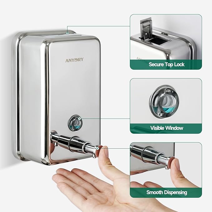 anydry Commercial Manual Soap Dispenser, Durable Polished Stainless Steel Finish, 37oz (1100ml) Liquid, Wall-Mounted for Bathroom & Kitchen