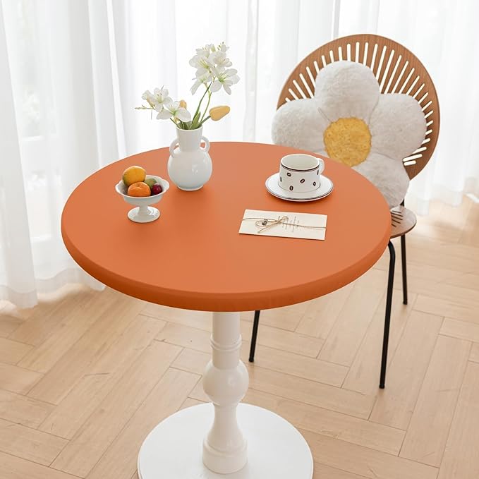 Fall Round Fitted PU Tablecloth with High Elastic Edge 24 Inch Dia Waterproof Oil Proof Table Cloth Anti-Scald Stain-Resistant Wipeable Table Cover for Indoor Outdoor Picnic (Orange,24" Dia)