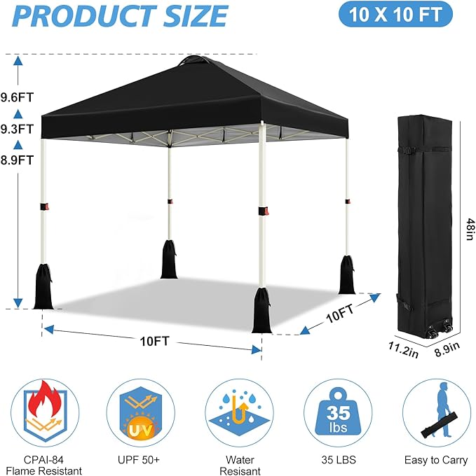 WEIZE 10x10 Pop Up Canopy Tent, 1-Button Push Setup Canopy Tent, Adjustable Height Instant Portable Shelter, Portable Roller Bag, Easy Outdoor Sun Shade for Events, 4 Weight Bags, Black