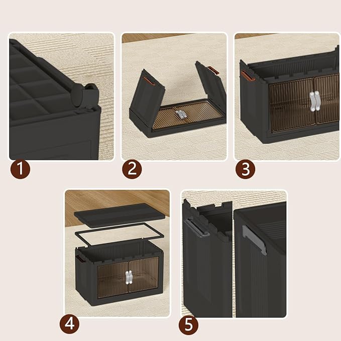 Collapsible Storage Bins with Lids Black Stackable Plastic Organizers for Clothes, Decor, Craft Supplies & Home Storage (5-racks, 30 Gals/rack)