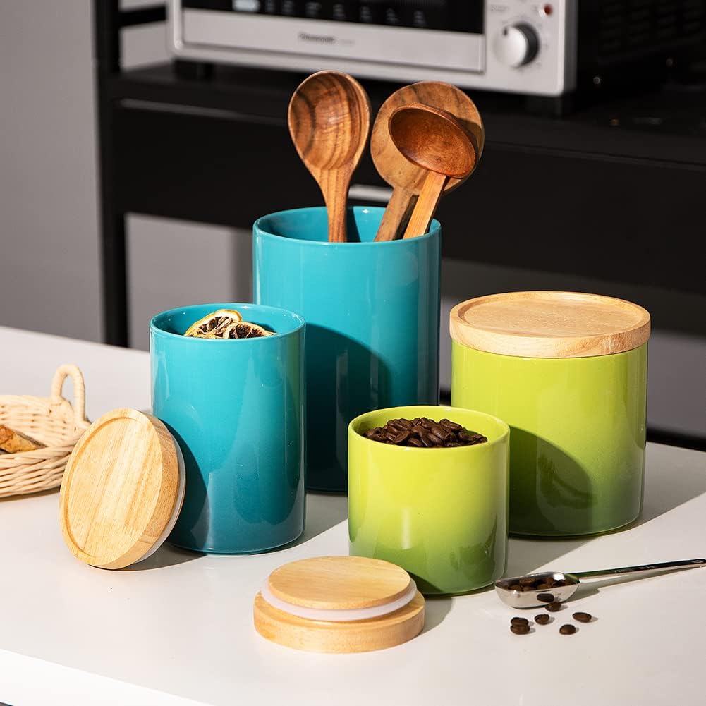 Sweejar Ceramic Food Storage Jar, Stackable Kitchen Canisters, Containers with Airtight Seal Wooden Lid for Serving Ground Coffee, Tea, Sugar