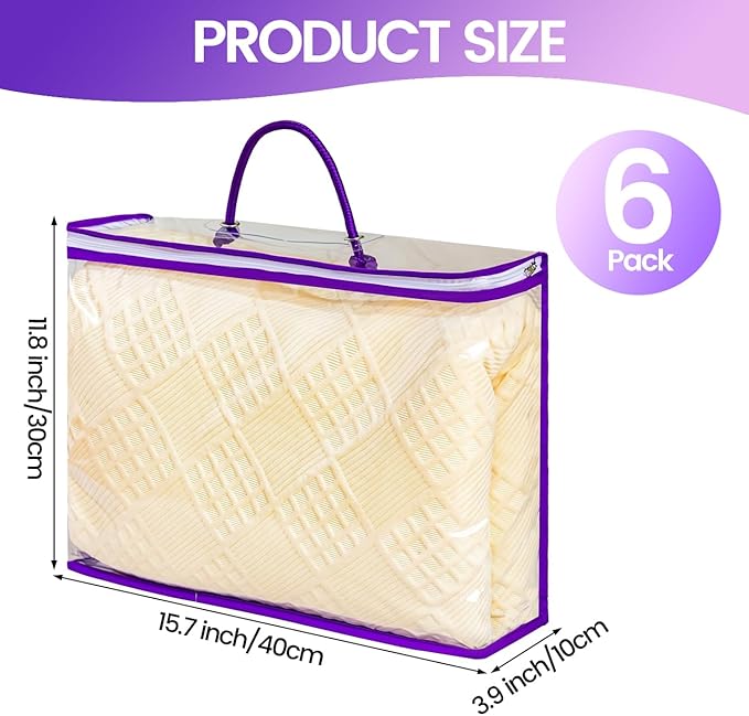 6 Pcs （16 * 12 * 4 Inch）Clear Zippered Storage Bags for Sweater Blanket Bed Sheet Storage, Plastic Storage Bags with Zipper for Closet Linen Sweater Blanket