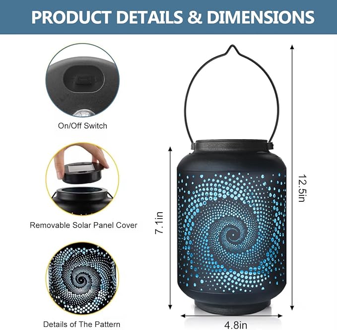 Solar Lanterns Outdoor Waterproof - 7.8" x 4.7" Solar Light for Outside with Blue Spiral, Pathway Landscape Lights for Garden, Patio, Backyard, Porch, Lawn, Mothers Day Gifts for Mom