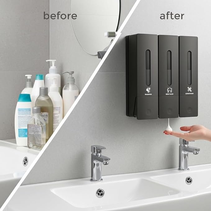 Soap Dispenser - 3 Chamber - 3x400ml - No Drill Wall Mount Bottles Organizer Toiletries for Cream Lotion Liquid Soaps Shampoo Conditioner Storage - Modern Essentials Bathroom Set - Gunmetal 2