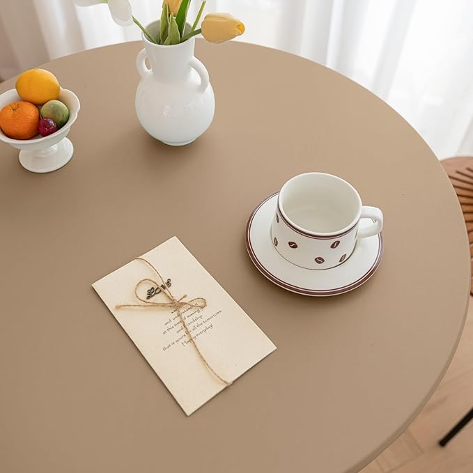 Round Fitted PU Tablecloth with High Elastic Edge 28 Inch Dia Waterproof Oil Proof Table Cloth Anti-scald Stain-Resistant Wipeable Table Cover for Indoor Outdoor Picnic (Cream Coffee,28"Dia)