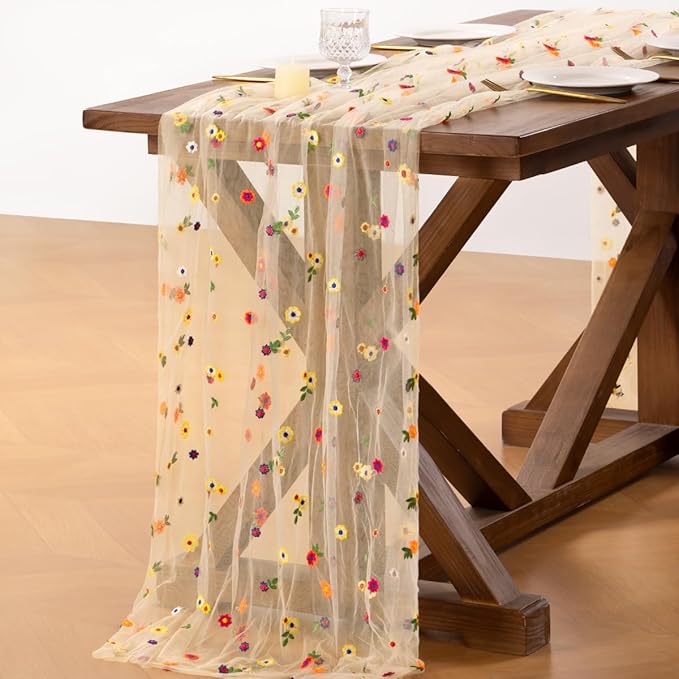 Socomi Flower Table Runner Summer Daisy Floral Tulle Gauze Cheesecloth Embroidery Table Runners for Tea Party Garden Wedding Bridal Baby Shower Birthday Picnic Decor Beige 3pcs