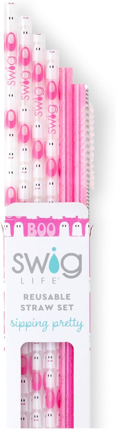 Swig Life Reusable Straws Faboolous + Pink Glitter Tall Straw Set & Cleaning Brush, Each Straw is 10.25 inch Long (Fits Swig Life 20oz Tumblers, 22oz