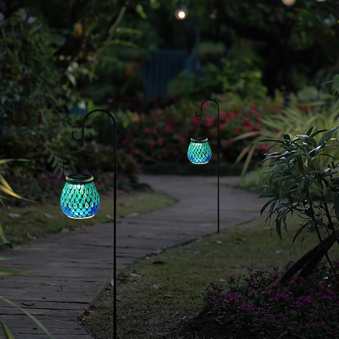 Starsoul Solar Lanterns Outdoor Waterproof, Elegant Blue Glass Mosaic Solar Lantern, Solar Hanging Lights Outside Patio Porch Yard Decor