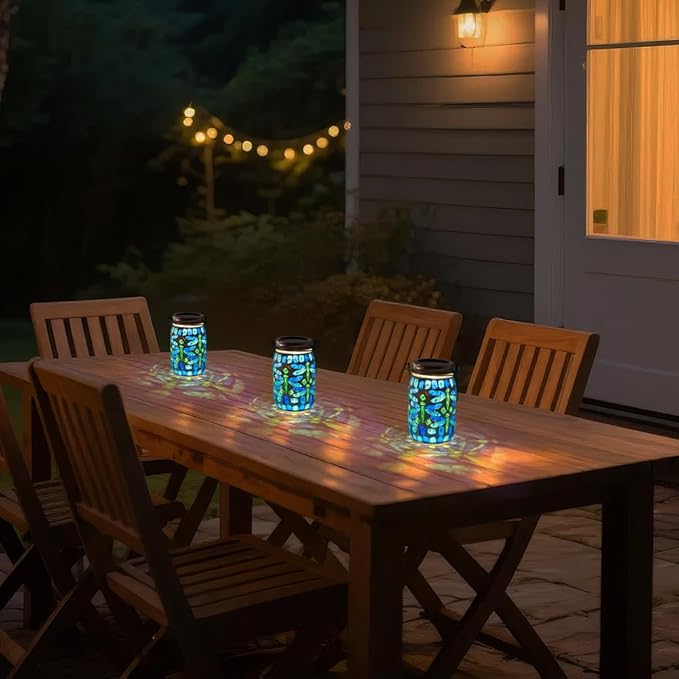 Starsoul 4 Pack Solar Hanging Lanterns Outdoor Waterproof, Mosaic Dragonfly Decor Glass Solar Outdoor Lights, Decorative Solar Lantern for Outside Pathway Patio Porch Yard Decor