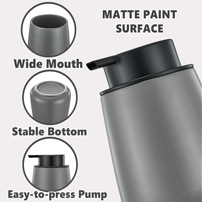12Oz Grey Hand Soap Dispenser - Modern Ceramic Lotion Soap Dispenser with Easy-to-Press Black Pump, Reusable and Refillable Liquid Soap Dispenser for Bathroom, Dish Soap Dispensers for Kitchen