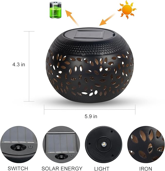 Solar Table Lanterns Outdoor Waterproof LED Lamp Black- 2 Pack, Solar Powered Decorative Lantern for Indoor Desk Bedroom Patio Garden Pathway Yard