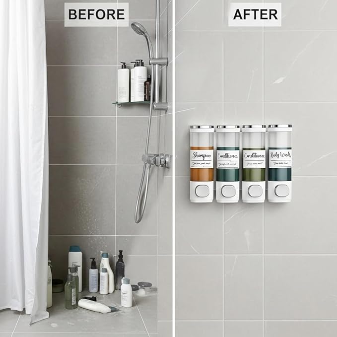 Soap Dispenser - 3 Chamber - 3x300ml - No Drill Wall Mount Bottles Organizer Toiletries for Cream Lotion Liquid Soaps Shampoo Conditioner Storage - Modern Essentials Bathroom Set - White 1