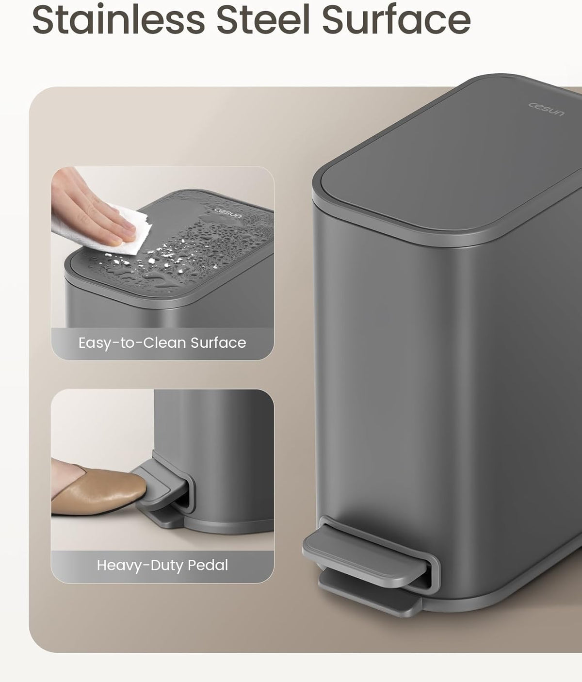 Cesun Small Bathroom Trash Can with Lid Soft Close, Step Pedal, 5 Liter / 1.3 Gallon Stainless Steel Garbage Can with Removable Inner Bucket, Waste Basket for Bathroom, Bedroom (Gray)