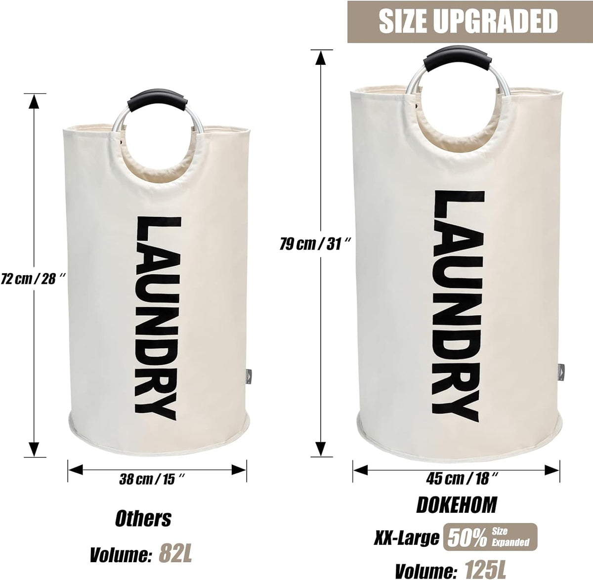 DOKEHOM 125L X-Large Laundry Basket, Collapsible Laundry Bag, Freestanding Tall Clothes Hamper, Foldable Washing Bin (Beige)
