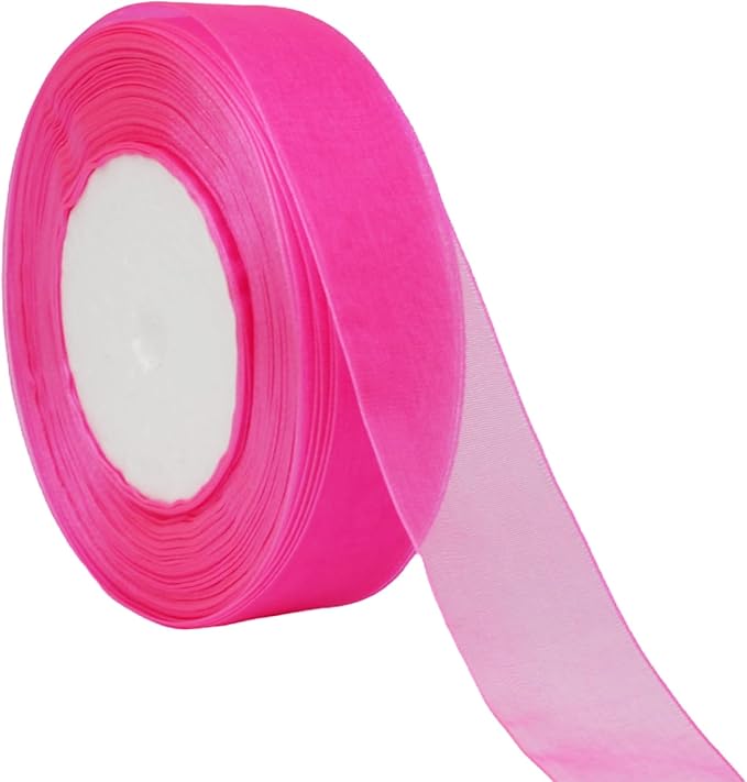 1 Inch 50 Yards Sheer Organza Ribbon Chiffon Ribbon for Gift Wrapping Wedding Bouquet Crafts (Hot Pink)
