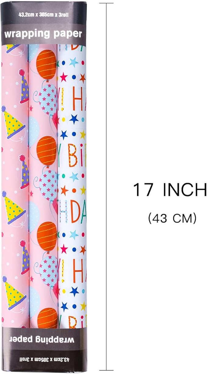 LeZakaa Birthday Wrapping Paper Roll - Mini Roll - Ice Cream/Ballon/ “Happy Birthday Lettering for Gift Wrap, DIY Craft - 17 x 120 inches - 3 Rolls (42.5 sq.ft.ttl.)