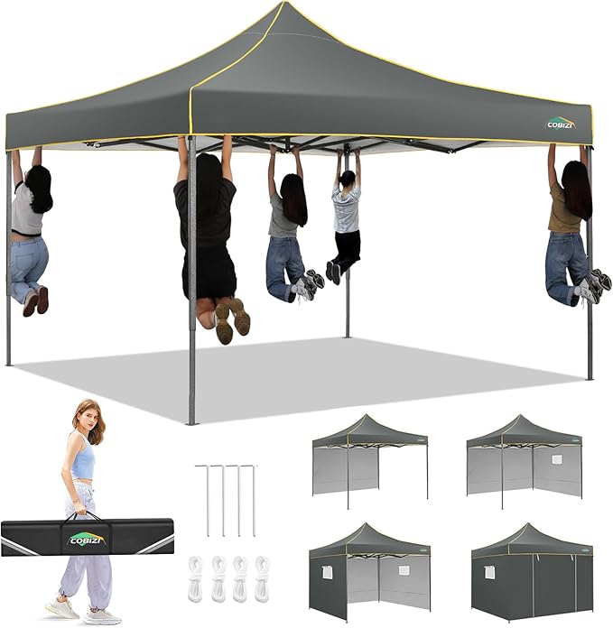 COBIZI 10x10 Pop Up Heavy Duty Canopy Tent with 4 Sidewalls, Easy Setup Outdoor Commercial Instant Tent for Parties Events Canopy with Portable Bag, Waterproof & UPF50+ (Gray)
