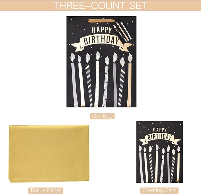 Loveinside Black and Gold Birthday Gift Bag with Tissue Paper, Gift Card for Birthday, Baby Shower, Party, and More - 12" x 16" x 5.7", 1 Pcs