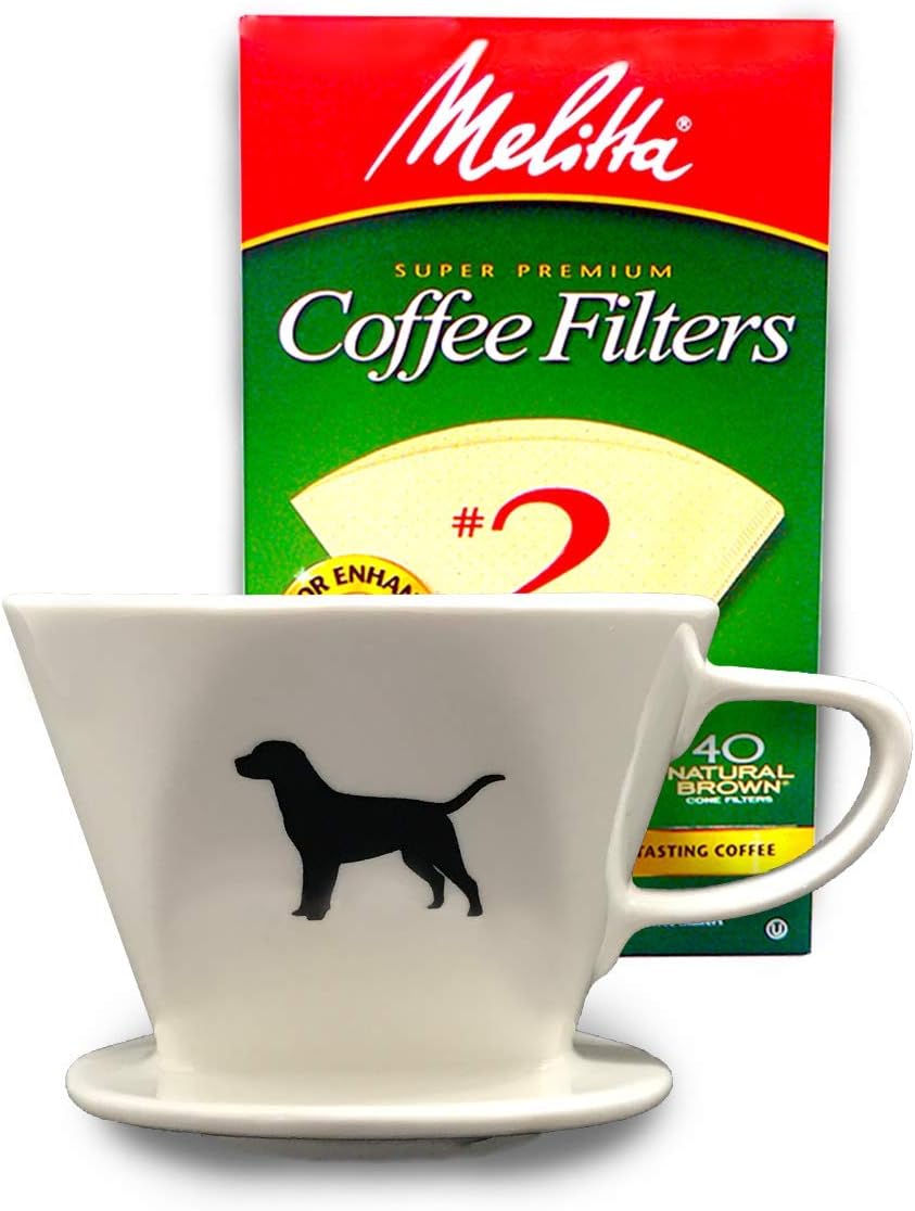 Simply Charmed Black or Golden Lab Coffee Pour Over Single Cup Ceramic Brewer with Melitta Filters 8 to 16 oz Depending on How Much Water/Grounds You