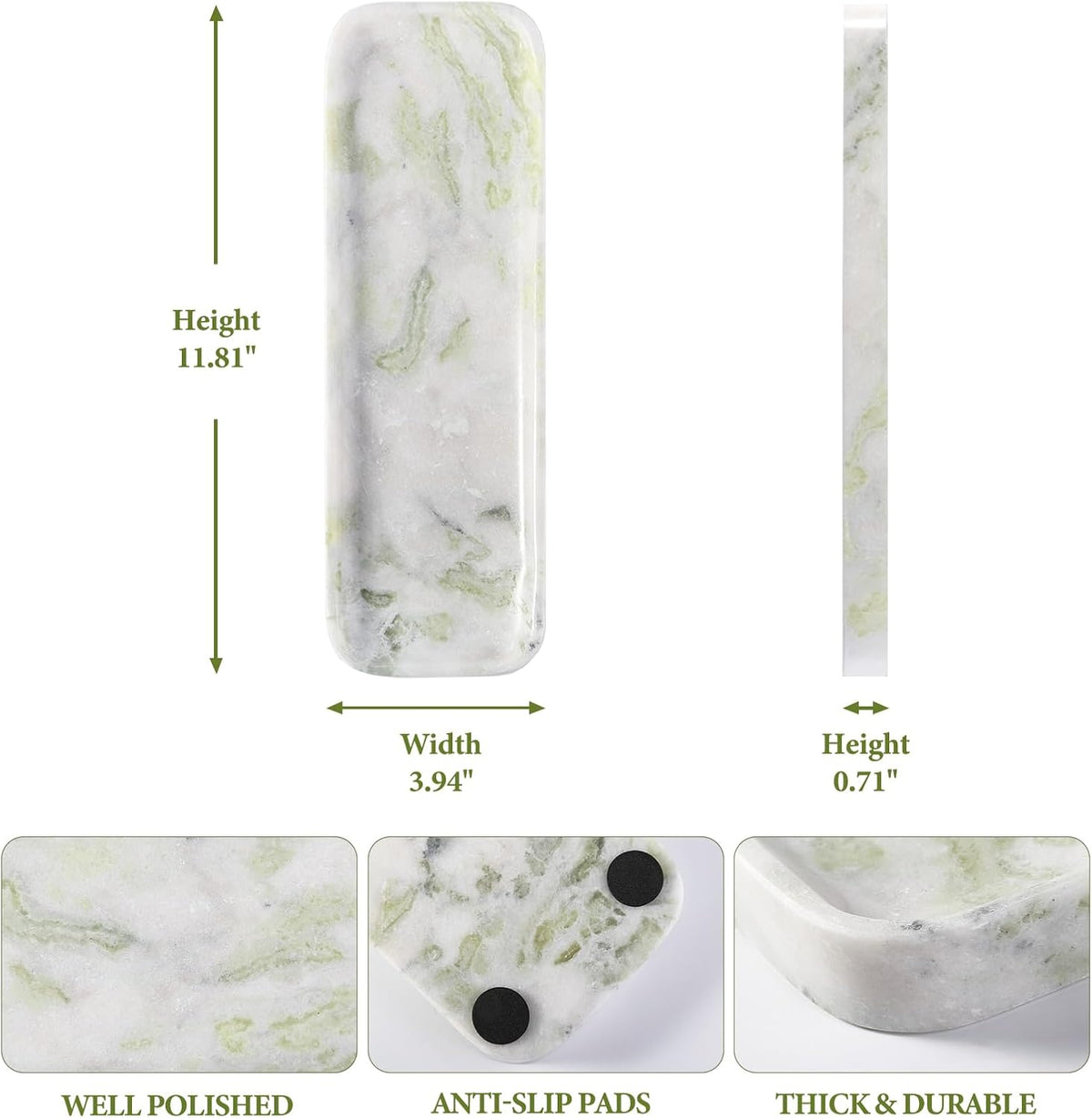 Koville Marble Tray for Bathroom Sink, 12"x4" Natural Stone Vanity Tray for Kitchen Dresser Countertop