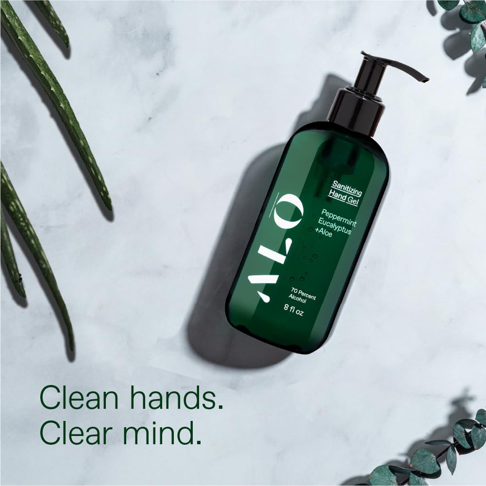 ALŌH Sanitizing Hand Gel 2-pack | Peppermint Eucalyptus + Aloe | 70% Alcohol Hydrating Hand Sanitizer Gel with Essential Oil, for Kids & Adults | 8oz Bottle (Set of 2)