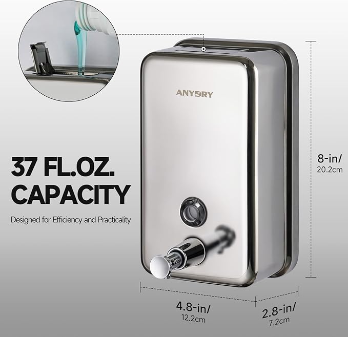 anydry Commercial Soap Dispenser Wall Mount, Polished Stianless Steel Finish Manual Liquid Soap Dispenser - 37oz (1100ml) Model AD1003