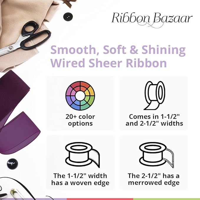 Ribbon Bazaar Sheer Organza Wired Ribbon - Wire Edged Ribbon for Floral Decor, Table Arrangements, Apparel Embellishment & More - 1-1/2" Orange 25yd Spool